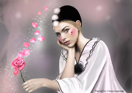 A fantasy-themed HD desktop wallpaper of a woman dressed as a clown holding a sparkling rose, with heart tattoos and soft pink sparkles surrounding her.