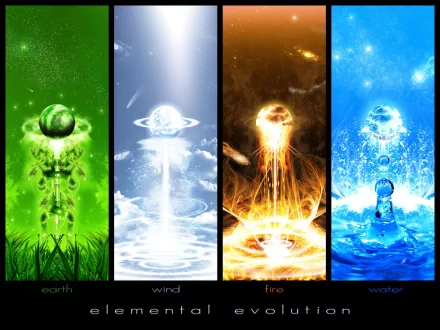 Artistic depiction of elemental forces: earth in green, wind in white, fire in orange, and water in blue, arranged in vertical HD panels. HD desktop wallpaper and background.