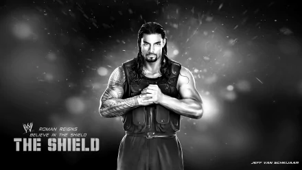 Black and white HD desktop wallpaper featuring a WWE wrestler from The Shield, with a bold, intense stance amidst a dramatic background. Text includes Believe in The Shield and Roman Reigns.