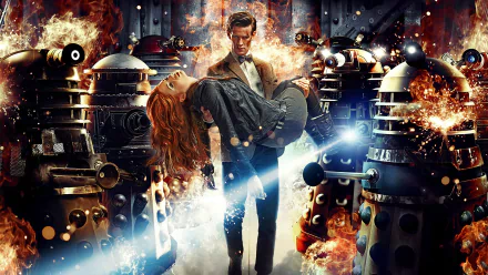 A dramatic scene from Doctor Who featuring Matt Smith as the Doctor and Karen Gillan as Amy Pond, surrounded by fiery Daleks, creating an intense HD wallpaper backdrop.