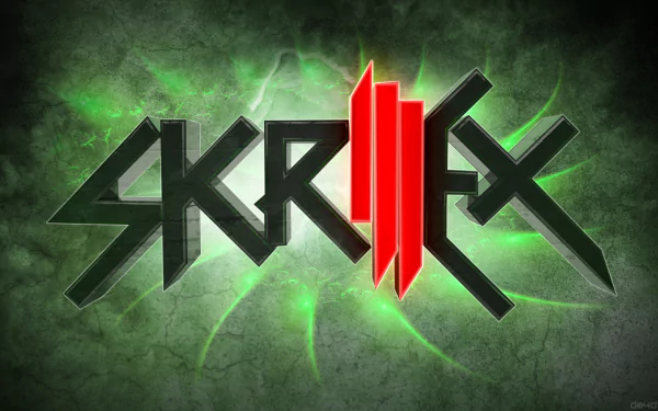 HD PC desktop wallpaper featuring the bold Skrillex logo with green electric accents, representing the music artist’s signature style and energy.