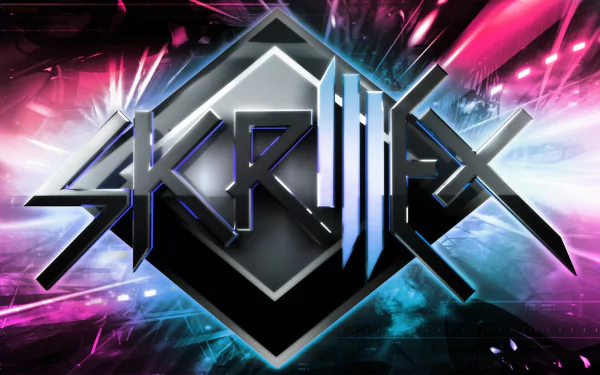 HD desktop wallpaper featuring the vibrant and dynamic Skrillex logo with electrifying colors of pink, blue, and black. The powerful design captures the energetic essence of Skrillex's music.
