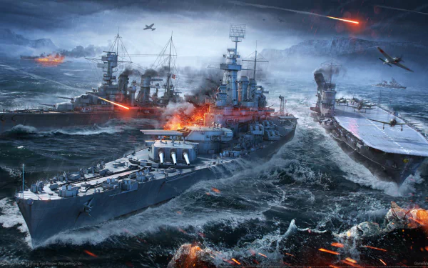 An action-packed HD wallpaper from World of Warships, featuring battleships amidst a tumultuous sea, with explosions and aircraft overhead, creating a dramatic naval conflict scene.
