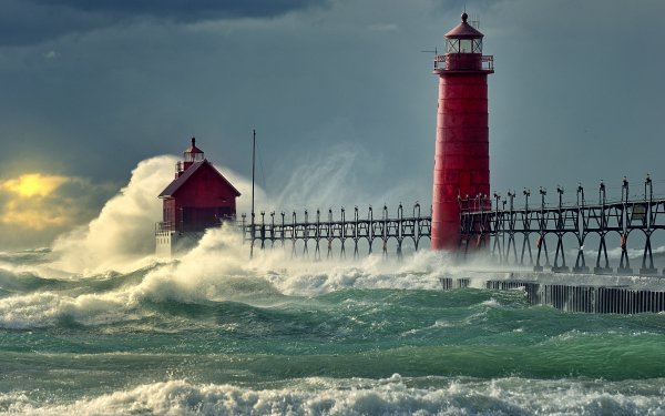 Man Made Lighthouse Buildings Michigan Ocean Wave Sea HD Wallpaper | Background Image