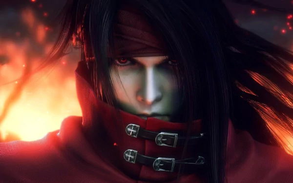 Vincent Valentine from Final Fantasy VII, featuring striking black hair and red eyes, stands against a fiery backdrop in this HD PC desktop wallpaper.