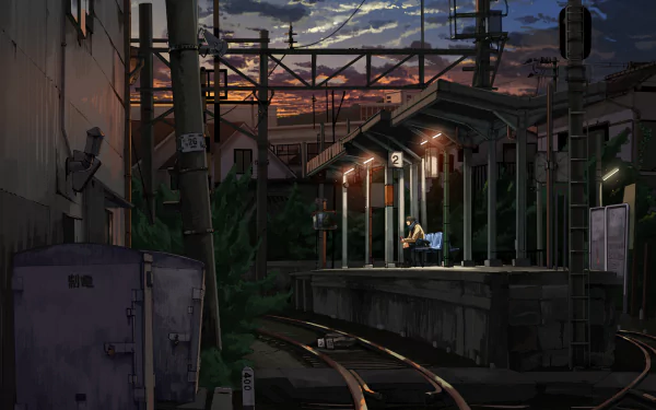 A serene anime-inspired train station at dusk, illuminated by warm lights, with overgrown greenery and railway tracks creating a tranquil atmosphere. HD Desktop Wallpaper and Background.