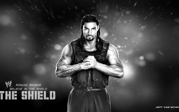 Black and white HD desktop wallpaper featuring a WWE wrestler from The Shield, with a bold, intense stance amidst a dramatic background. Text includes Believe in The Shield and Roman Reigns.