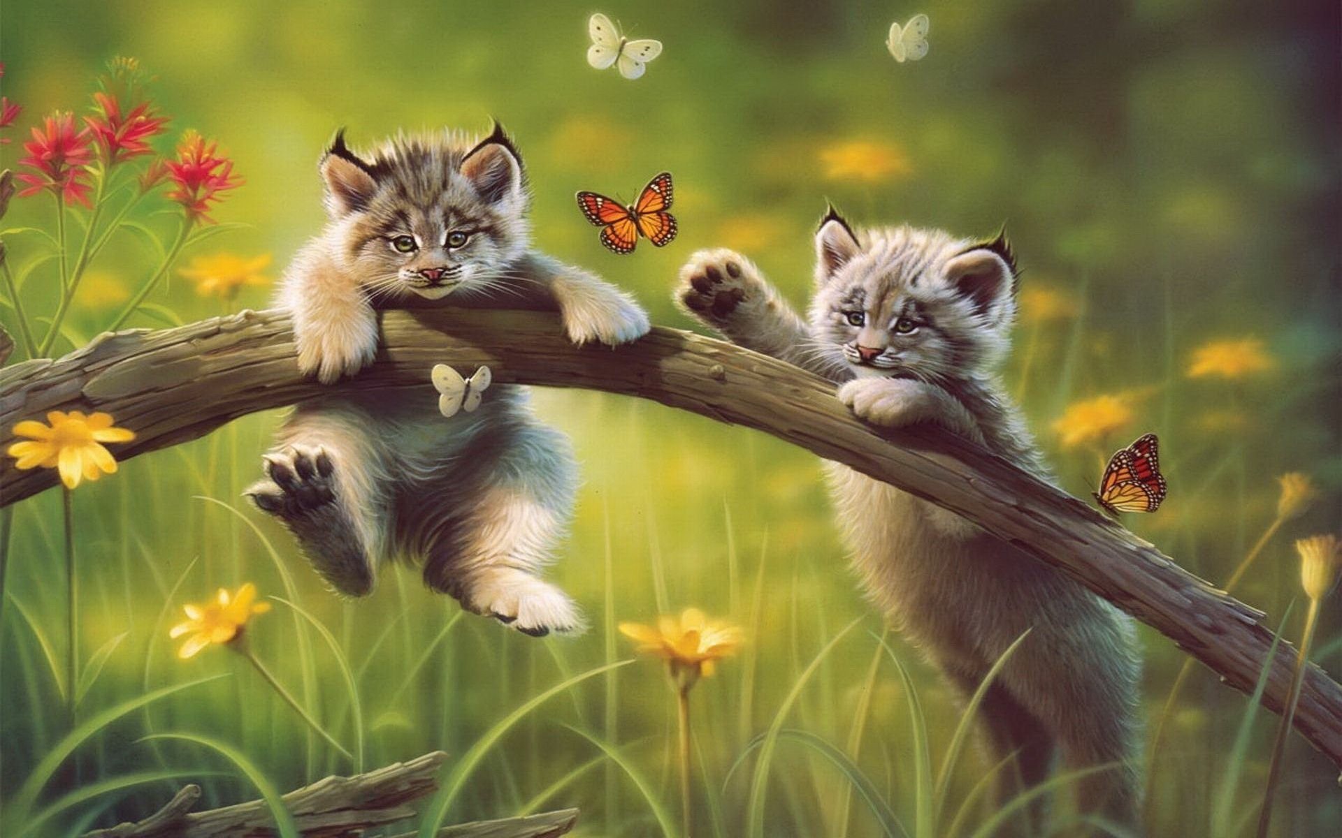 Two playful lynx kittens hang from a branch, surrounded by colorful flowers and butterflies, creating a vibrant and enchanting scene in this HD desktop wallpaper.