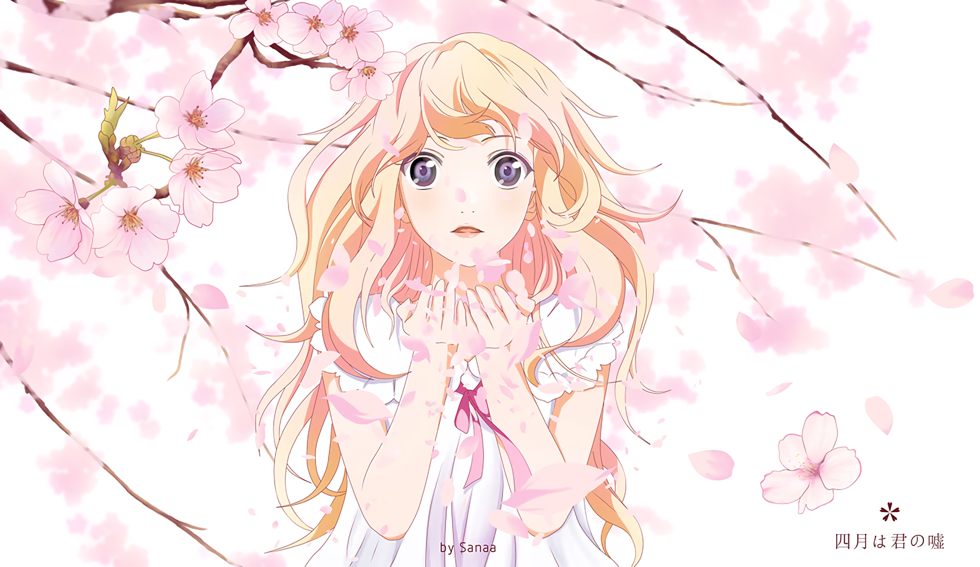 HD desktop wallpaper featuring Kaori Miyazono from the anime Your Lie in April, surrounded by cherry blossoms.