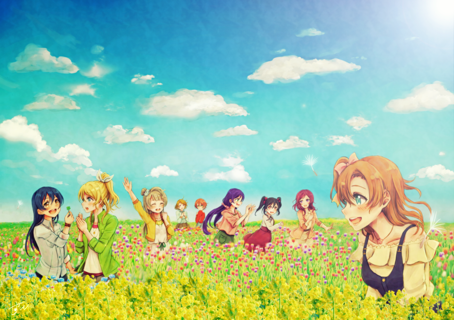 HD PC desktop wallpaper featuring anime characters from Love Live! enjoying a sunny day in a colorful flower field under a bright blue sky with scattered clouds.