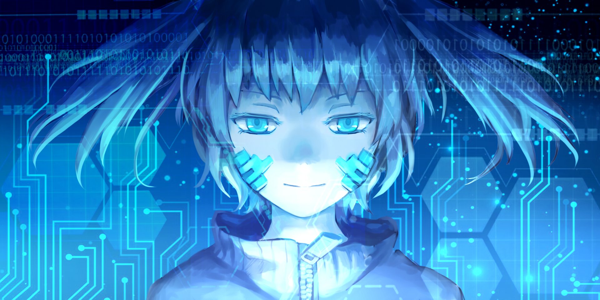 HD PC wallpaper featuring Takane 'Ene' Enomoto from Kagerou Project with short blue hair and blue eyes, set against a glowing sci-fi circuit background in anime style.