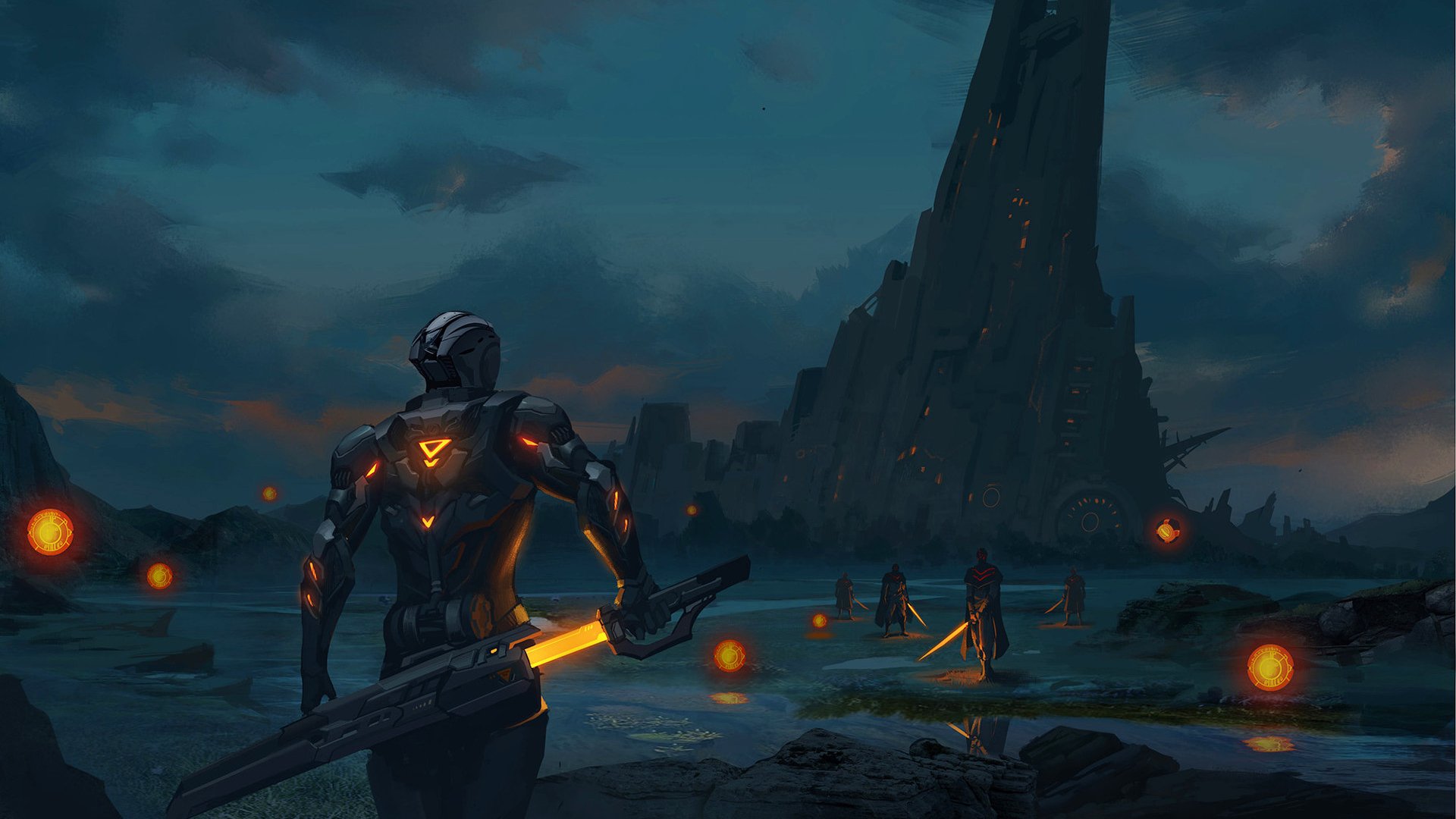 A sci-fi warrior stands in a mystical landscape, holding a glowing sword, with a dramatic tower in the background and mysterious figures nearby, creating an immersive HD wallpaper scene.