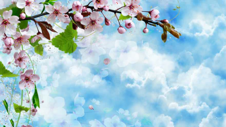 HD desktop wallpaper featuring a branch of pink cherry blossoms against a bright blue sky with soft, artistic cloud patterns capturing the essence of spring.