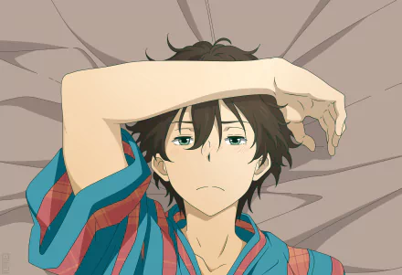 Hōtarō Oreki from the anime Hyouka reclines on a bed, wearing a colorful yukata. This 4K Ultra HD image captures a moment of contemplation.