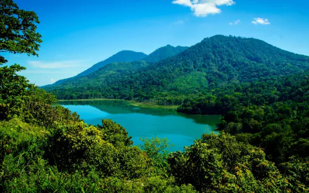 HD desktop wallpaper featuring Mount Agung in Bali, Indonesia. The lush green forest and crystal-clear lake foreground encapsulate the natural beauty of the mountain and its surroundings.