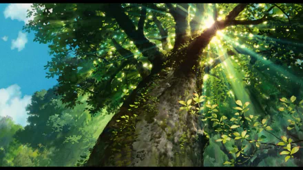 Anime HD PC desktop wallpaper, The Secret World of Arrietty — sunbeams piercing a lush green canopy above a towering tree trunk.