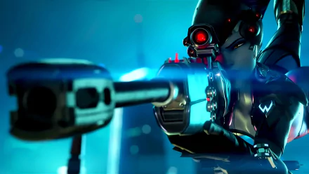 HD desktop wallpaper of Widowmaker from the video game Overwatch, aiming a sniper rifle in a vibrant, futuristic setting.