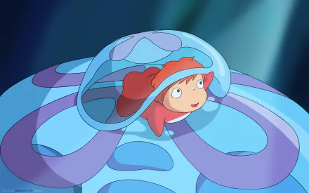 Anime Ponyo: red-haired fish-girl peeks from a translucent blue jellyfish in a whimsical ocean scene — 2K Quad HD PC desktop wallpaper and background.