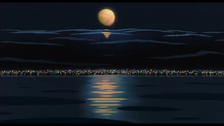 HD anime desktop wallpaper from Ponyo featuring a glowing moon reflecting over calm ocean waters beneath a dark, cloud-streaked night sky.