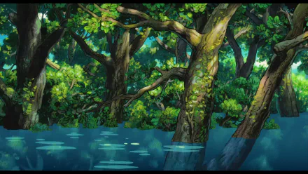 HD anime desktop wallpaper featuring a lush, vibrant forest scene from Ponyo with trees emerging from calm water under soft, filtered light.