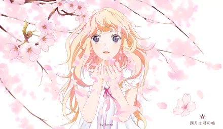 HD desktop wallpaper featuring Kaori Miyazono from the anime Your Lie in April, surrounded by cherry blossoms.