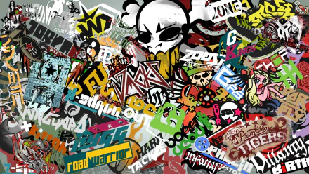 HD desktop wallpaper featuring a vibrant sticker bomb collage with mixed designs and graffiti art.
