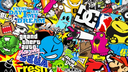 HD desktop wallpaper featuring a vibrant sticker bomb design with various colorful stickers overlaid and clustered together.