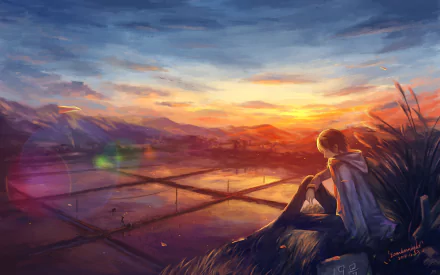 A serene anime scene featuring a character sitting on a grassy hill, gazing at a vibrant sunset over tranquil fields, creating a captivating HD desktop wallpaper background.