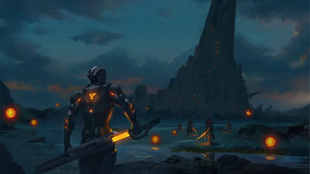 A sci-fi warrior stands in a mystical landscape, holding a glowing sword, with a dramatic tower in the background and mysterious figures nearby, creating an immersive HD wallpaper scene.