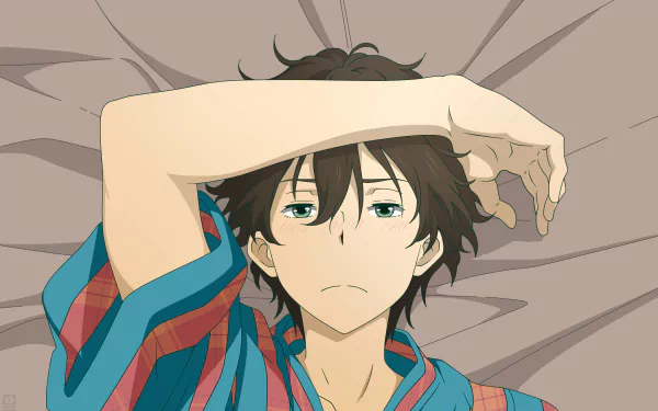 Hōtarō Oreki from the anime Hyouka reclines on a bed, wearing a colorful yukata. This 4K Ultra HD image captures a moment of contemplation.