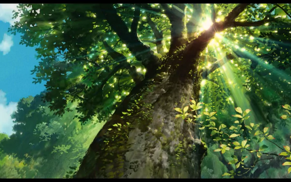 Anime HD PC desktop wallpaper, The Secret World of Arrietty — sunbeams piercing a lush green canopy above a towering tree trunk.