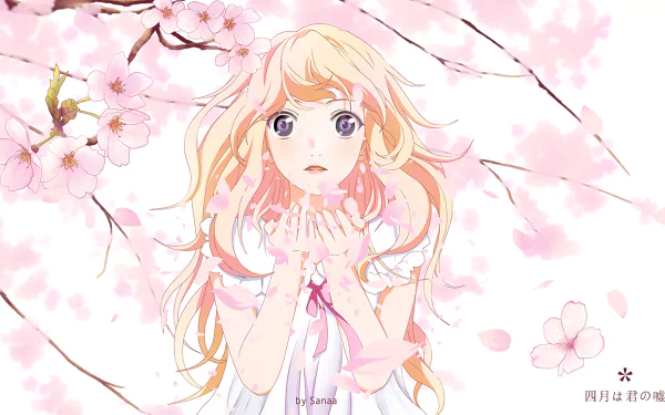 HD desktop wallpaper featuring Kaori Miyazono from the anime Your Lie in April, surrounded by cherry blossoms.