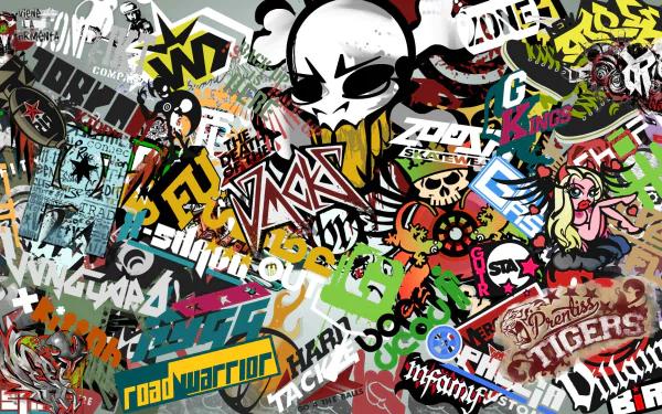 HD desktop wallpaper featuring a vibrant sticker bomb collage with mixed designs and graffiti art.