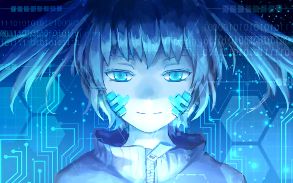 HD PC wallpaper featuring Takane 'Ene' Enomoto from Kagerou Project with short blue hair and blue eyes, set against a glowing sci-fi circuit background in anime style.