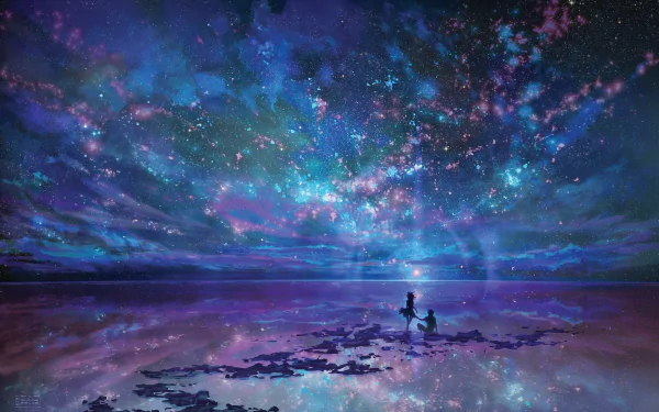 Anime couple on a reflective ocean with a vibrant purple sky filled with stars and nebulas. The HD wallpaper portrays a serene and dreamy atmosphere.