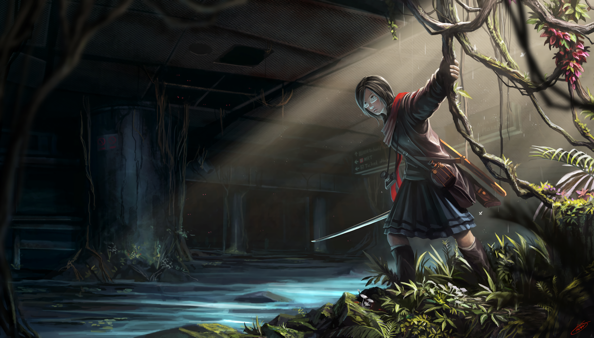 An original anime-inspired HD desktop wallpaper features a determined character wielding a sword in an overgrown, abandoned setting, illuminated by soft light.