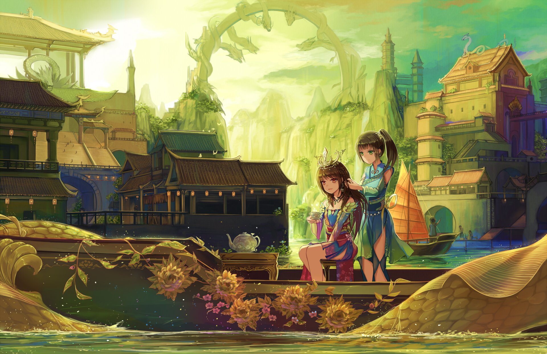 A vibrant anime-inspired HD wallpaper featuring two characters in an enchanting landscape with boats and lush greenery, capturing an atmosphere of adventure and tranquility.
