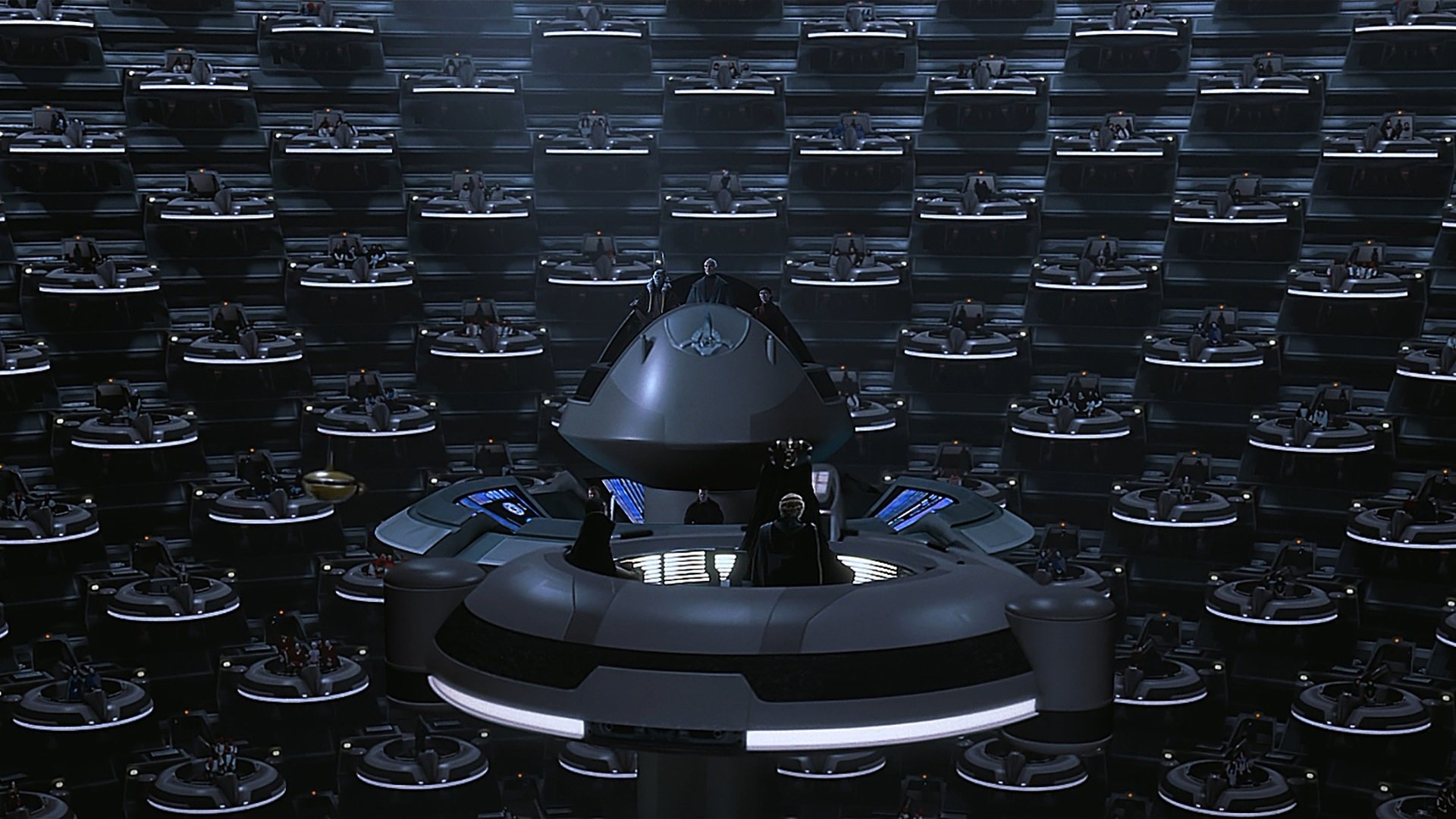 Dark Galactic Senate chamber from Star Wars: Episode I – The Phantom Menace, central pod with figures surrounded by rows of hovering circular platforms, HD PC desktop wallpaper.