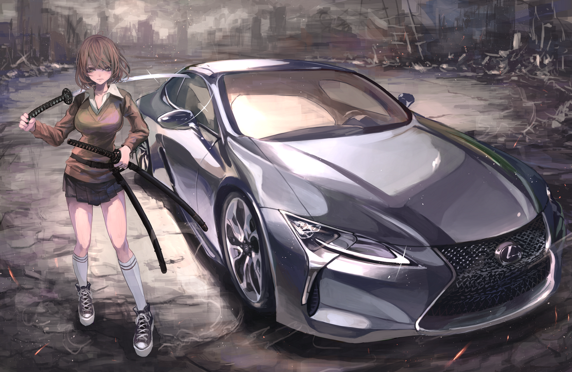 A striking HD anime wallpaper featuring a character wielding swords next to a sleek, silver sports car in a post-apocalyptic setting.