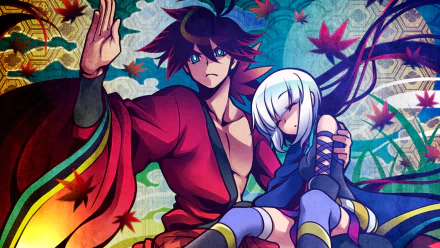 An HD wallpaper featuring Togame and Shichika Yasuri from the anime Katanagatari, set against a vibrant backdrop of colorful leaves and intricate patterns.