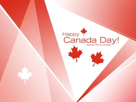 HD PC desktop wallpaper featuring a vibrant Canada Day holiday design with red maple leaves and festive text on a geometric red and white background.