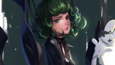 A stunning HD desktop wallpaper featuring Tatsumaki from One-Punch Man, showcasing her vibrant green hair and striking expression against a dark background.