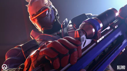 High-definition wallpaper featuring Soldier: 76 from the video game Overwatch, showcasing the character in a dynamic pose with a focus on his weapon and tactical gear.