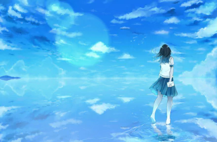 Anime-style HD original desktop wallpaper depicting a girl standing on a reflective water surface under a bright blue sky with scattered clouds.
