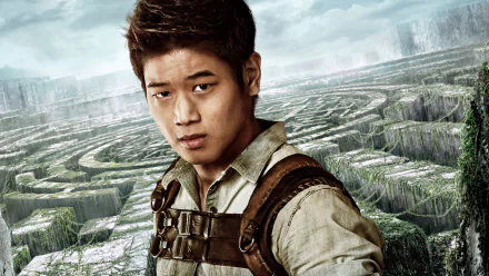 HD desktop wallpaper featuring Ki Hong Lee from the movie The Maze Runner, standing confidently with the maze landscape in the background.