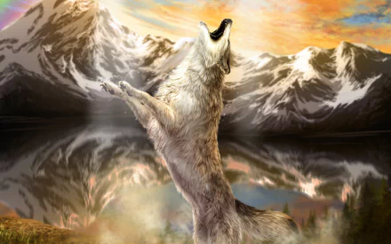 A 4K Ultra HD desktop wallpaper featuring a howling wolf against a backdrop of snowy mountains and a vibrant sunset sky, reflected in a calm lake.
