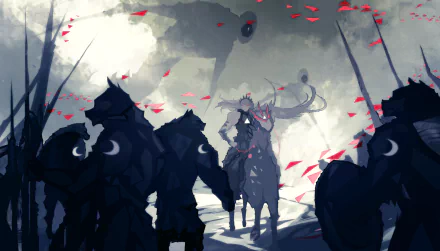 An anime-inspired warrior with long hair and a beastly headdress stands on horseback, surrounded by shadowy figures and petals, set against a dramatic backdrop.