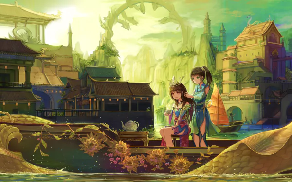 A vibrant anime-inspired HD wallpaper featuring two characters in an enchanting landscape with boats and lush greenery, capturing an atmosphere of adventure and tranquility.