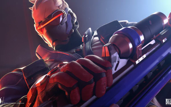 High-definition wallpaper featuring Soldier: 76 from the video game Overwatch, showcasing the character in a dynamic pose with a focus on his weapon and tactical gear.