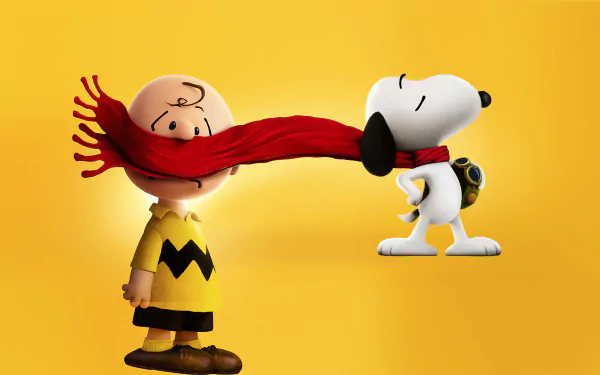 Charlie Brown and Snoopy from The Peanuts Movie share a playful moment, with Snoopy's red scarf wrapped around Charlie's head, set against a vibrant yellow background.